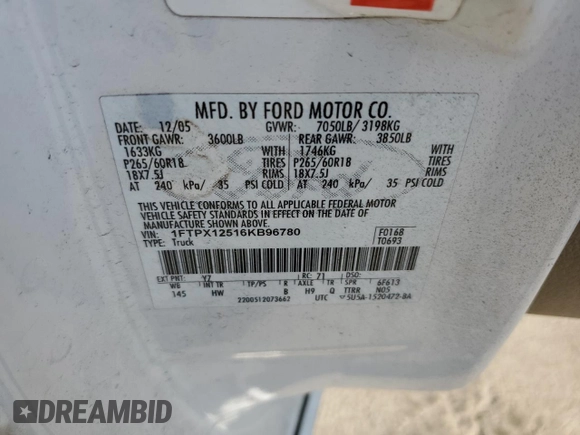 2006 Ford F-150 XLT with VIN 1FTPX12516KB96780, listed as a Copart auction lot 55621015 with 168,831 mi miles and Salvage title. Bid and sale history available at DreamBid. Image 13.