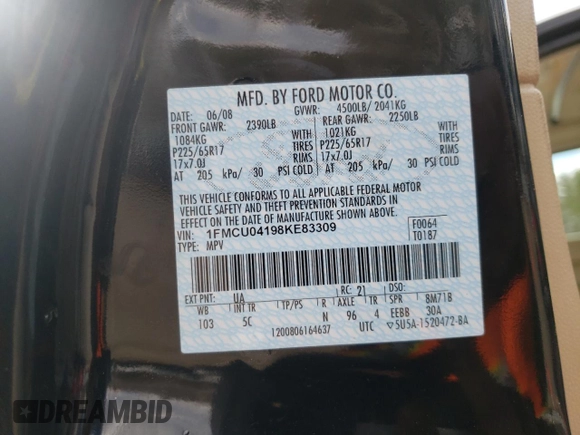 2008 Ford Escape Limited с VIN 1FMCU04198KE83309, выставлен на аукционе Copart как лот 42035635 с пробегом Не указан миль и Списание • Salvage title. История ставок и продаж доступна на DreamBid. Изображение 14.