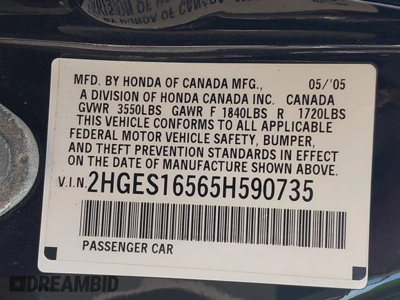 2005 Honda Civic LX with VIN 2HGES16565H590735, listed as a IAAI auction lot 37875308 with Not Provided miles and . Bid and sale history available at DreamBid. Image 9.