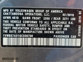 2016 Volkswagen Passat 1.8T SE w/Technology with VIN 1VWBS7A31GC035706, listed as a Copart auction lot 45385865 with 207,229 mi miles and Salvage Title. Bid and sale history available at carsss.com. Image 12.