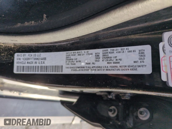 2022 Ram 1500 Big Horn with VIN 1C6SRFFTXNN314498, listed as a Copart auction lot 51780115 with 19,913 mi miles and Salvage Title. Bid and sale history available at carsss.com. Image 12.
