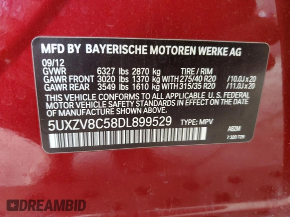 2013 BMW X5 xDrive50i with VIN 5UXZV8C58DL899529, listed as a Copart auction lot 62642105 with Not provided miles and Clean title. Bid and sale history available at DreamBid. Image 14.