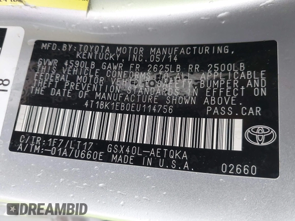 2014 Toyota Avalon Limited with VIN 4T1BK1EB0EU114756, listed as a IAAI auction lot 41896015 with Not Provided miles and . Bid and sale history available at DreamBid. Image 9.