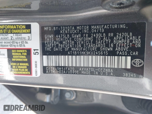 2019 Toyota Camry LE z VIN 4T1B11HK9KU245615, wystawiony jako IAAI lot #42066968 z przebiegiem 130 042 mil mil oraz . Historia ofert i sprzedaży dostępna na DreamBid. Obrazek 9.