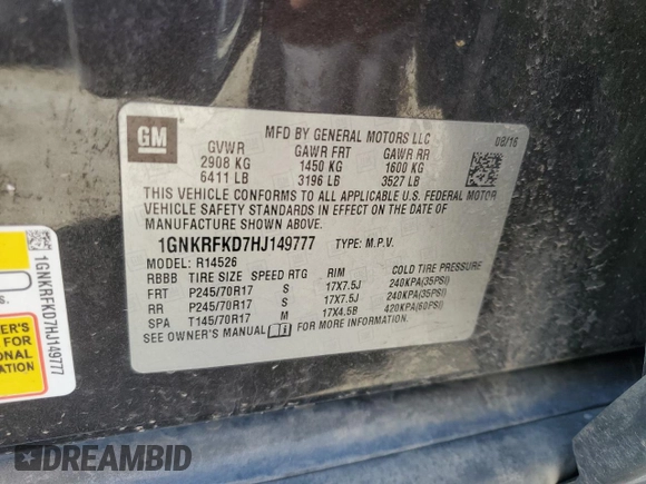 2017 Chevrolet Traverse LS with VIN 1GNKRFKD7HJ149777, listed as a Copart auction lot 56636575 with 122,963 mi miles and Salvage title. Bid and sale history available at DreamBid. Image 13.