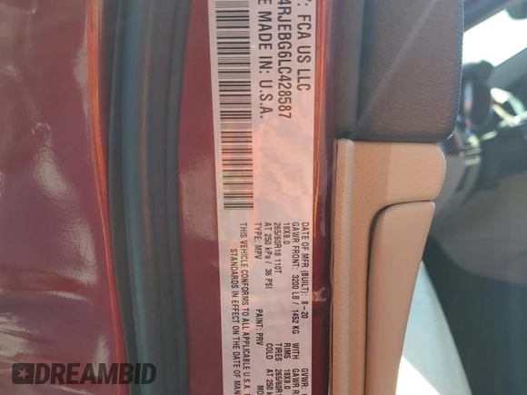 2020 Jeep Grand Cherokee Limited with VIN 1C4RJEBG6LC428587, listed as a Copart auction lot 59438175 with 48,666 mi miles and Salvage title. Bid and sale history available at DreamBid. Image 13.