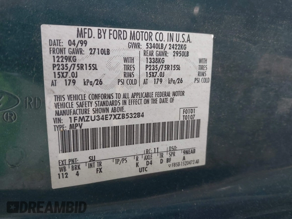 1999 Ford Explorer XLT with VIN 1FMZU34E7XZB53284, listed as a IAAI auction lot 42593344 with 93,146 mi miles and . Bid and sale history available at DreamBid. Image 9.