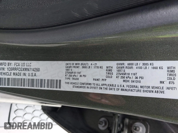2021 Ram 1500 Tradesman z VIN 1C6RRFCGXMN714260, wystawiony jako IAAI lot #41866420 z przebiegiem 109 281 mil mil oraz . Historia ofert i sprzedaży dostępna na DreamBid. Obrazek 9.
