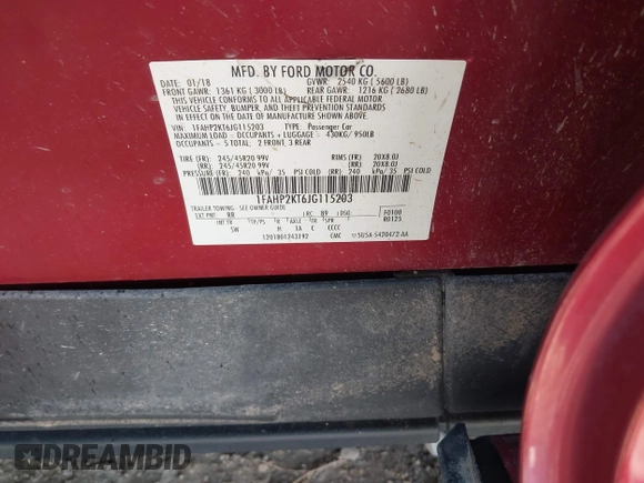 2018 Ford Taurus SHO z VIN 1FAHP2KT6JG115203, wystawiony jako IAAI lot #42462791 z przebiegiem Nie podano mil oraz . Historia ofert i sprzedaży dostępna na DreamBid. Obrazek 9.