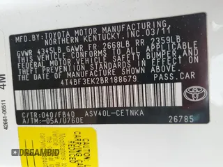 2011 Toyota Camry LE with VIN 4T4BF3EK2BR188679, listed as a Copart auction lot 59556345 with 122,607 mi miles and Salvage title. Bid and sale history available at DreamBid. Image 12.