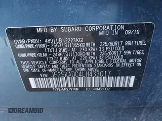 2020 Subaru Forester with VIN JF2SKADC4LH433017, listed as a IAAI auction lot 42013030 with 52,783 mi miles and . Bid and sale history available at DreamBid. Image 9.