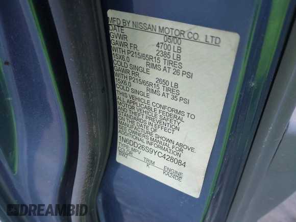 2000 Nissan Frontier XE z VIN 1N6DD26S9YC428084, wystawiony jako IAAI lot #41375183 z przebiegiem Nie podano mil oraz . Historia ofert i sprzedaży dostępna na DreamBid. Obrazek 9.