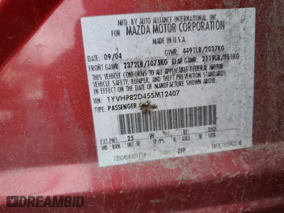 2005 Mazda 6 Sport S with VIN 1YVHP82D455M12407, listed as a Copart auction lot 86818114 with Not Provided miles and Salvage Title. Bid and sale history available at DreamBid. Image 12.