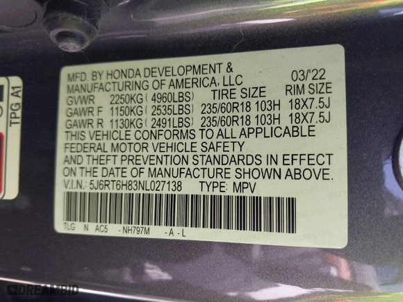 2022 Honda CR-V Hybrid EX-L with VIN 5J6RT6H83NL027138, listed as a IAAI auction lot 41988660 with 33,825 mi miles. Bid and sale history available at carsss.com. Image 9.