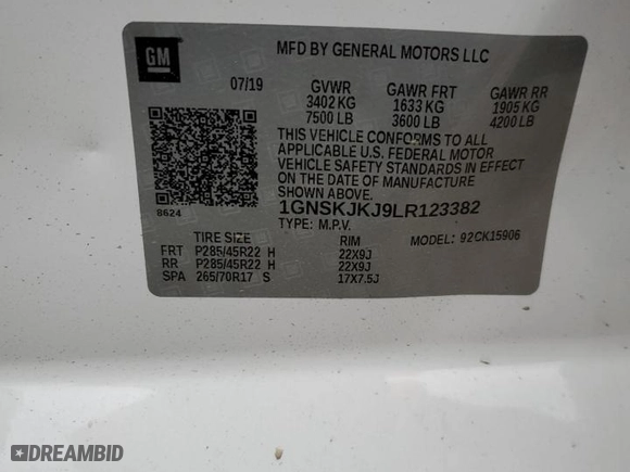 2020 Chevrolet Suburban Premier with VIN 1GNSKJKJ9LR123382, listed as a Copart auction lot 86950554 with 45,616 mi miles and Salvage Title. Bid and sale history available at carsss.com. Image 13.