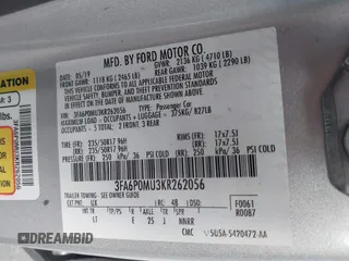 2019 Ford Fusion Hybrid SEL with VIN 3FA6P0MU3KR262056, listed as a IAAI auction lot 41643020 with 1 mi miles. Bid and sale history available at carsss.com. Image 9.
