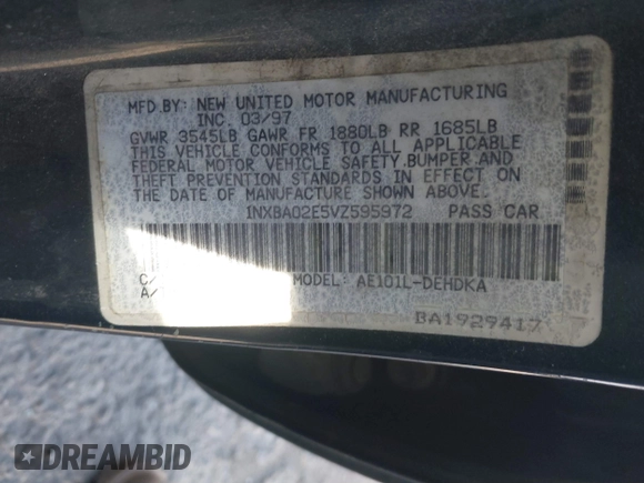 1997 Toyota Corolla with VIN 1NXBA02E5VZ595972, listed as a IAAI auction lot 41622050 with 143,577 mi miles and . Bid and sale history available at DreamBid. Image 9.