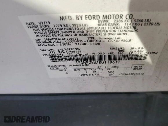 2019 Ford Taurus SEL with VIN 1FAHP2E87KG119611, listed as a Copart auction lot 48609095 with 68,966 mi miles and Salvage Title. Bid and sale history available at DreamBid. Image 13.