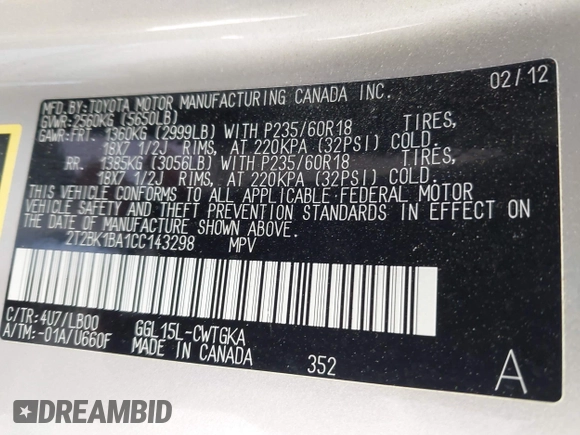 2012 Lexus RX 350 with VIN 2T2BK1BA1CC143298, listed as a IAAI auction lot 42359587 with 165,176 mi miles and . Bid and sale history available at DreamBid. Image 9.