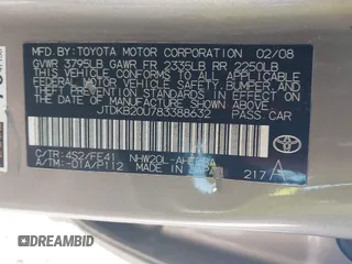 2008 Toyota Prius with VIN JTDKB20U783388632, listed as a IAAI auction lot 41885250 with 183,074 mi miles. Bid and sale history available at carsss.com. Image 9.