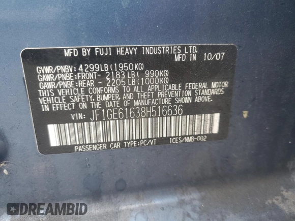 2008 Subaru Impreza i z VIN JF1GE61638H516636, wystawiony jako Copart lot #82145244 z przebiegiem 151 217 mil mil oraz Szkoda całkowita • Salvage title. Historia ofert i sprzedaży dostępna na DreamBid. Obrazek 12.