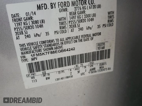 2014 Ford Explorer Limited with VIN 1FM5K7F88EGB64242, listed as a Copart auction lot 54452015 with 154,015 mi miles and Salvage Title. Bid and sale history available at carsss.com. Image 13.