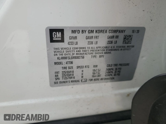 2021 Buick Encore GX Essence с VIN KL4MMFSL6MB082756, выставлен на аукционе Copart как лот 58902615 с пробегом Не указан миль и На запчасти • Non repairable. История ставок и продаж доступна на DreamBid. Изображение 13.