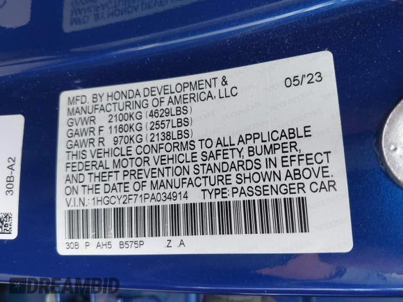 2023 Honda Accord Sport-L with VIN 1HGCY2F71PA034914, listed as a IAAI auction lot 42462123 with 20,184 mi miles and . Bid and sale history available at DreamBid. Image 9.
