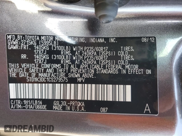 2012 Toyota Sienna XLE AAS with VIN 5TDYK3DC1CS279575, listed as a Copart auction lot 60350235 with 275,287 mi miles and Salvage title. Bid and sale history available at DreamBid. Image 13.