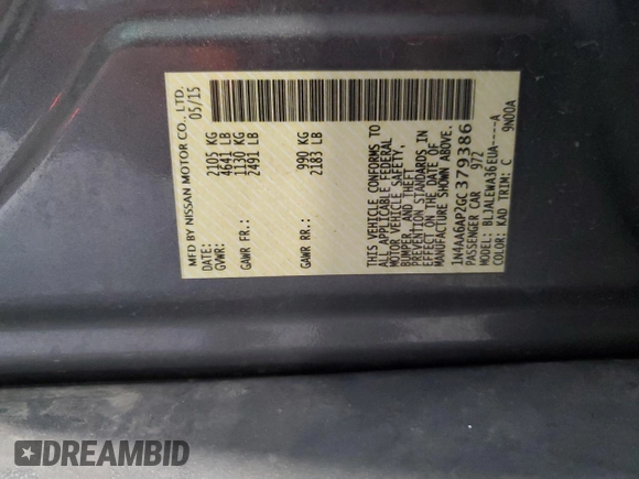 2016 Nissan Maxima SL with VIN 1N4AA6AP2GC379386, listed as a Copart auction lot 53165855 with 118,995 mi miles and Salvage Title. Bid and sale history available at DreamBid. Image 14.