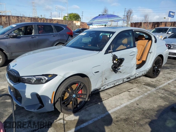 2023 BMW 3 Series 330e with VIN 3MW39FF07P8D26890, listed as a Copart auction lot 45203065 with 21,679 mi miles and Salvage Title. Bid and sale history available at carsss.com. Image 1.