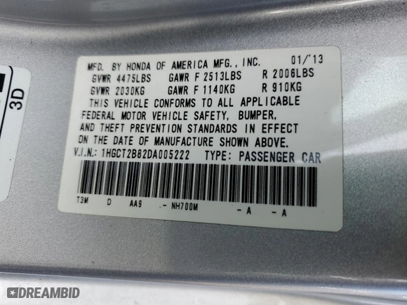 2013 Honda Accord Cpe EX-L with VIN 1HGCT2B82DA005222, listed as a Copart auction lot 49586705 with NaN miles and Salvage Title. Bid and sale history available at carsss.com. Image 15.