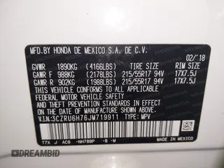 2018 Honda HR-V EX-L Navi with VIN 3CZRU6H76JM719911, listed as a IAAI auction lot 41631402 with 26,776 mi miles. Bid and sale history available at carsss.com. Image 9.