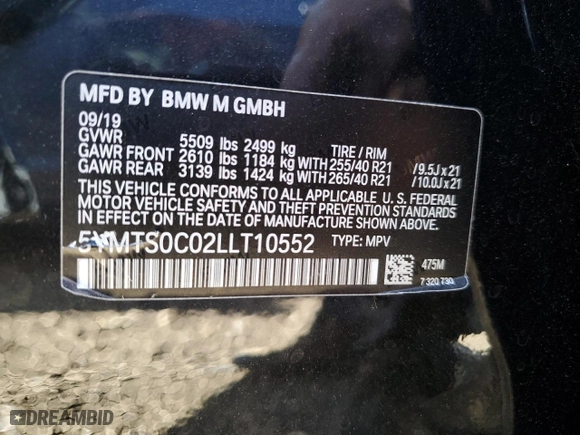 2020 BMW X3 M Competition with VIN 5YMTS0C02LLT10552, listed as a Copart auction lot 52524414 with 0 mi miles. Bid and sale history available at carsss.com. Image 12.