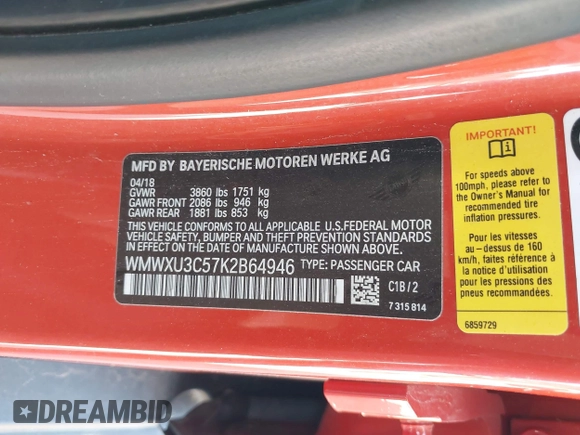 2019 MINI Hardtop 4 Door Cooper S with VIN WMWXU3C57K2B64946, listed as a IAAI auction lot 42240647 with 87,704 mi miles and . Bid and sale history available at DreamBid. Image 9.