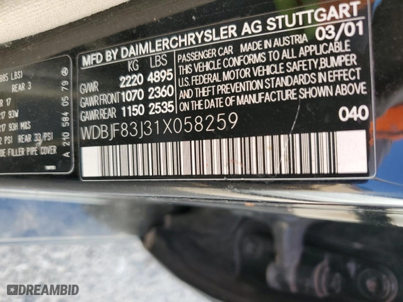 2001 Mercedes-Benz E-Class AWD with VIN WDBJF83J31X058259, listed as a Copart auction lot 74370604 with 131,454 mi miles and Clean Title. Bid and sale history available at carsss.com. Image 12.