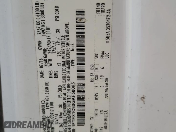 2016 Ford F-150 XL с VIN 1FTEX1C80GKF58065, выставлен на аукционе Copart как лот 67853734 с пробегом 204 469 миль миль и Чистый • Clean title. История ставок и продаж доступна на DreamBid. Изображение 12.