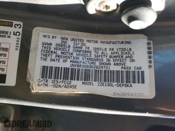 2006 Toyota Corolla CE с VIN 1NXBR30E06Z629721, выставлен на аукционе Copart как лот 46944345 с пробегом 172 133 миль миль и Списание • Salvage title. История ставок и продаж доступна на DreamBid. Изображение 12.
