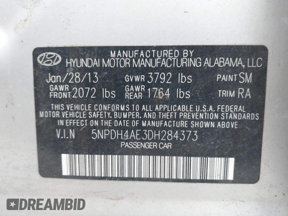 2013 Hyundai Elantra GLS with VIN 5NPDH4AE3DH284373, listed as a IAAI auction lot 42654883 with 256,367 mi miles and . Bid and sale history available at DreamBid. Image 9.