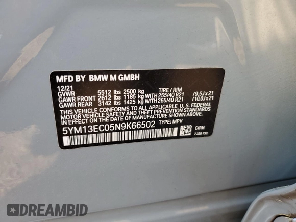 2022 BMW X3 M with VIN 5YM13EC05N9K66502, listed as a Copart auction lot 43451573 with 10,270 mi miles and Salvage Title. Bid and sale history available at carsss.com. Image 13.