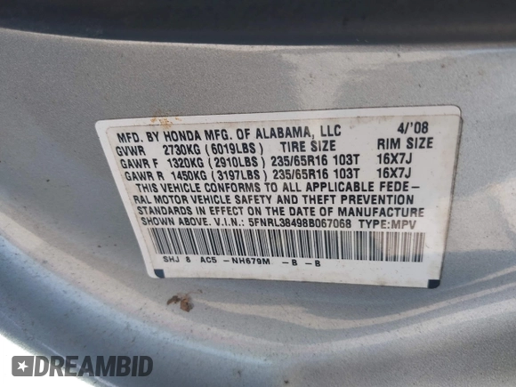 2008 Honda Odyssey EX with VIN 5FNRL38498B067068, listed as a IAAI auction lot 42041658 with 161,953 mi miles and . Bid and sale history available at DreamBid. Image 9.