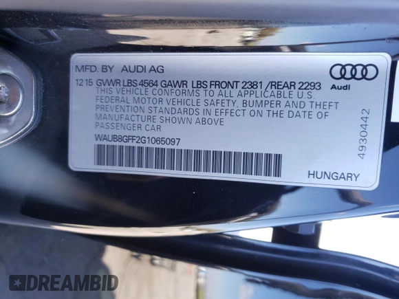 2016 Audi A3 2.0T Premium with VIN WAUB8GFF2G1065097, listed as a Copart auction lot 66933492 with 85,083 mi miles. Bid and sale history available at carsss.com. Image 10.