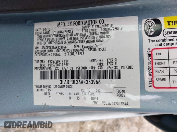 2010 Ford Fusion Hybrid with VIN 3FADP0L36AR353966, listed as a IAAI auction lot 42611738 with 200,522 mi miles and . Bid and sale history available at DreamBid. Image 9.