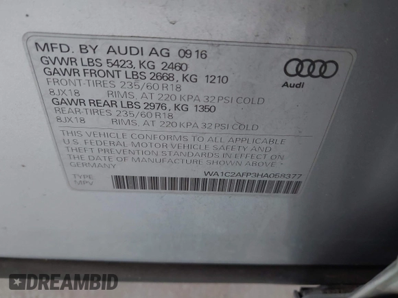 2017 Audi Q5 Premium с VIN WA1C2AFP3HA058377, выставлен на аукционе IAAI как лот 42594884 с пробегом 87 631 миль миль и . История ставок и продаж доступна на DreamBid. Изображение 9.