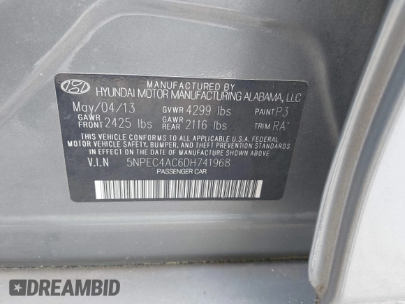 2013 Hyundai Sonata Limited with VIN 5NPEC4AC6DH741968, listed as a IAAI auction lot 42032196 with 160,911 mi miles and . Bid and sale history available at DreamBid. Image 9.