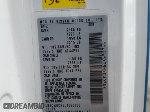 2020 Nissan NV200 SV with VIN 3N6CM0KN6LK695766, listed as a Copart auction lot 53389365 with Not provided miles and Salvage title. Bid and sale history available at DreamBid. Image 14.