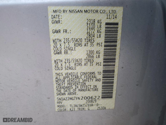 2015 Nissan Murano Platinum with VIN 5N1AZ2MG7FN200622, listed as a Copart auction lot 51164925 with 129,140 mi miles and Clean Title. Bid and sale history available at carsss.com. Image 13.