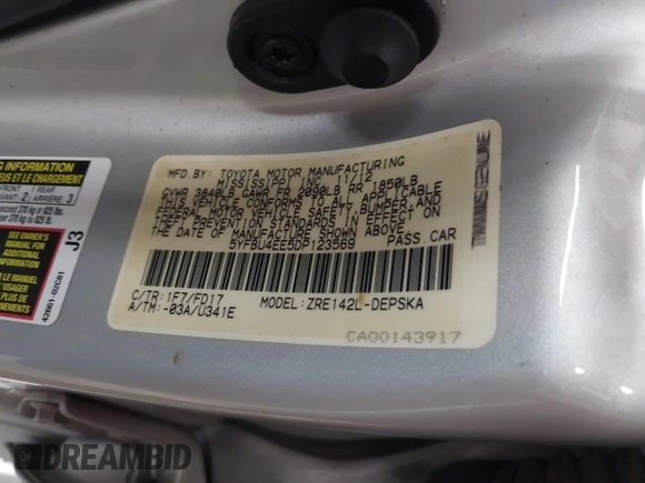 2013 Toyota Corolla L with VIN 5YFBU4EE5DP123569, listed as a IAAI auction lot 42012861 with 129,381 mi miles and . Bid and sale history available at DreamBid. Image 9.