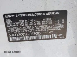 2020 BMW X3 sDrive30i with VIN 5UXTY3C01L9D37085, listed as a IAAI auction lot 42031517 with 54,114 mi miles and . Bid and sale history available at DreamBid. Image 9.