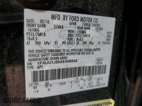 2010 Ford Expedition Eddie Bauer with VIN 1FMJU1J55AEB48542, listed as a Copart auction lot 49162835 with 171,100 mi miles and Salvage title. Bid and sale history available at DreamBid. Image 14.